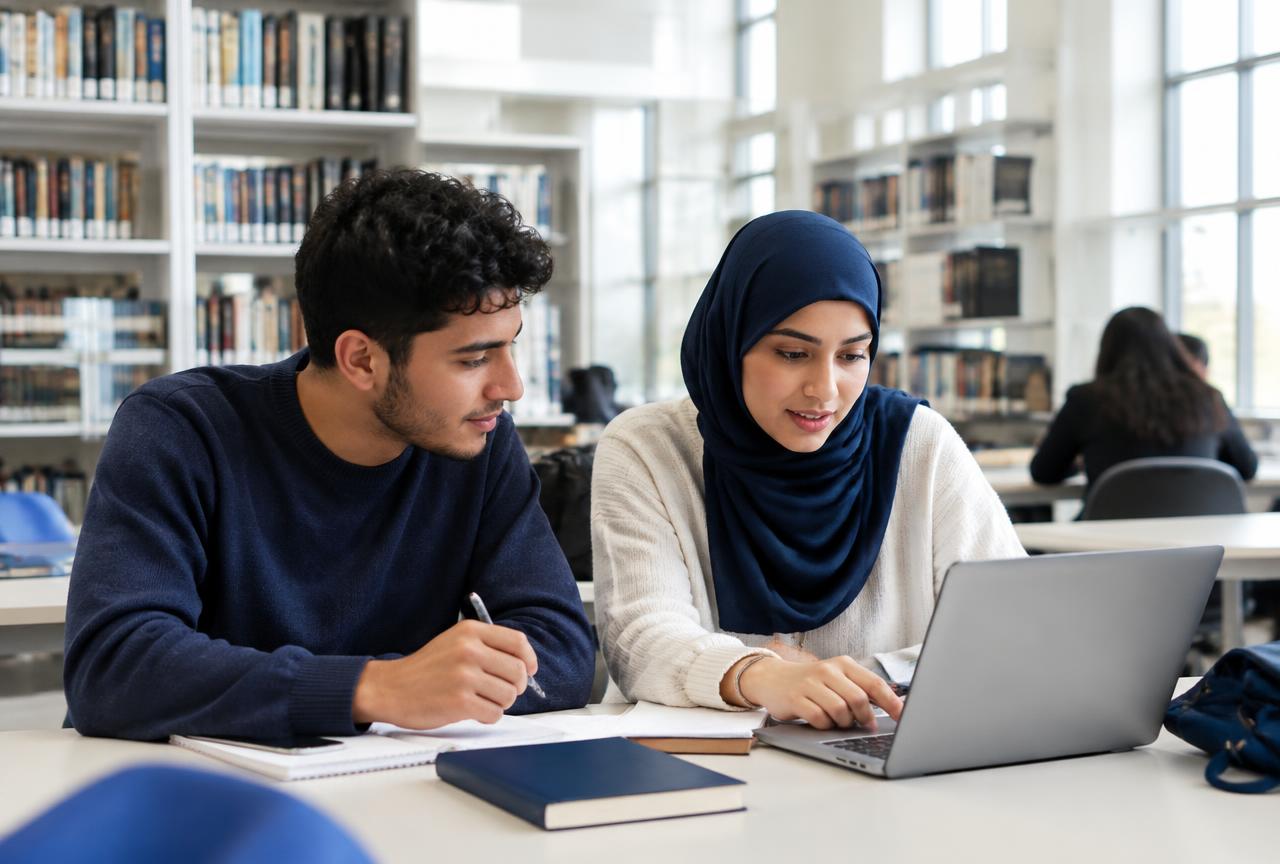 شباب بلجيكيون من أصل مغربي يدرسون في مكتبة جامعية